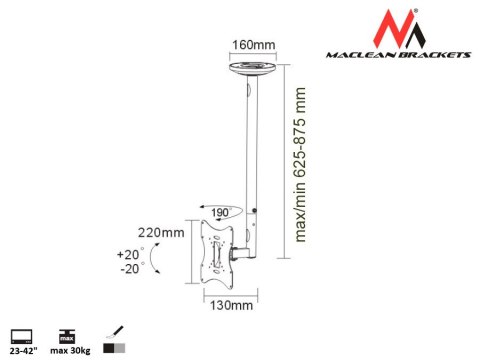 Uchwyt ścienny do telewizora Maclean MC-504S (Obrotowy, sufitowy, Uchylny - 42"; max. 30kg) Maclean Uchwyt ścienny do telewizora Maclean MC-504S (Obrotowy, sufitowy, Uchylny - 42"; max. 30kg) Maclean